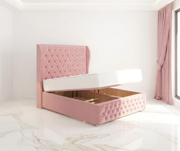 Blossom ottoman storage bed with lift up base and soft fabric headboard UK