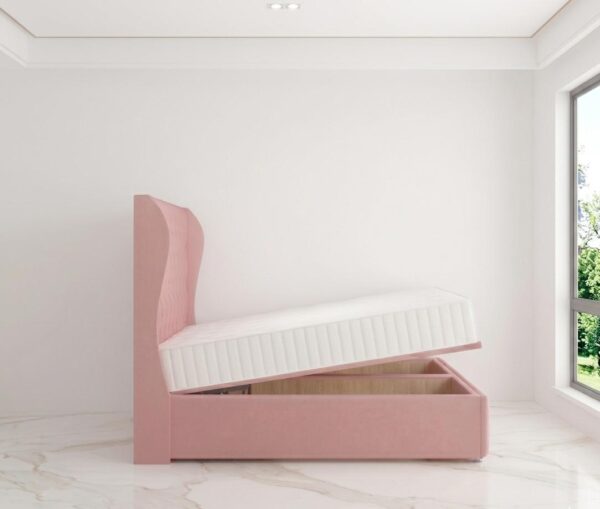 Blossom bed pink fabric button tufted headboard with wingback frame UK bedroom
